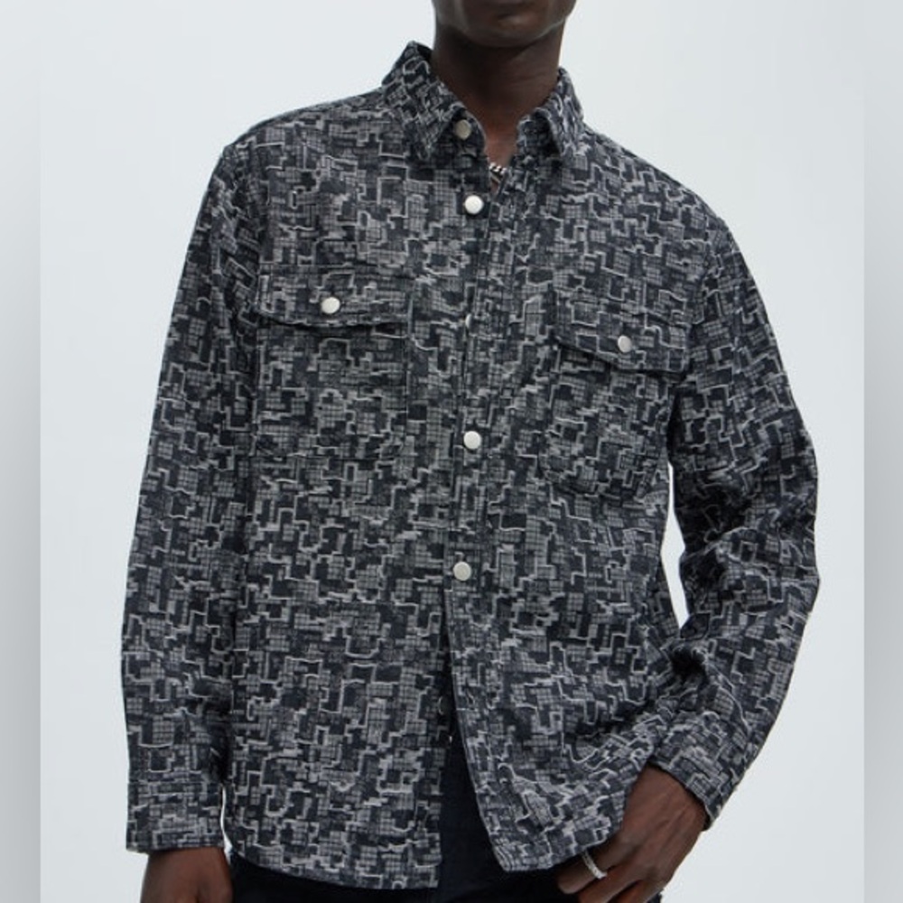 Black XXL Shirt Jacket Denim Look Fashion Nova Mens Torn Ripped Distressed